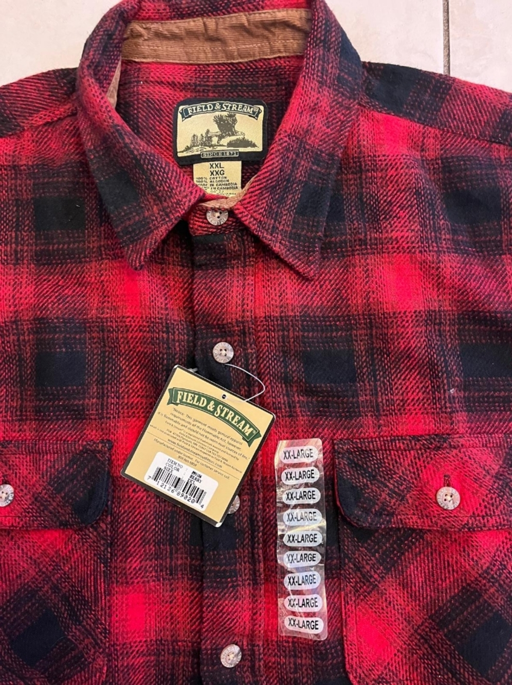 Field & Stream Red and Black Man Plaid Flannel Button-Down Shirt, New With Tags